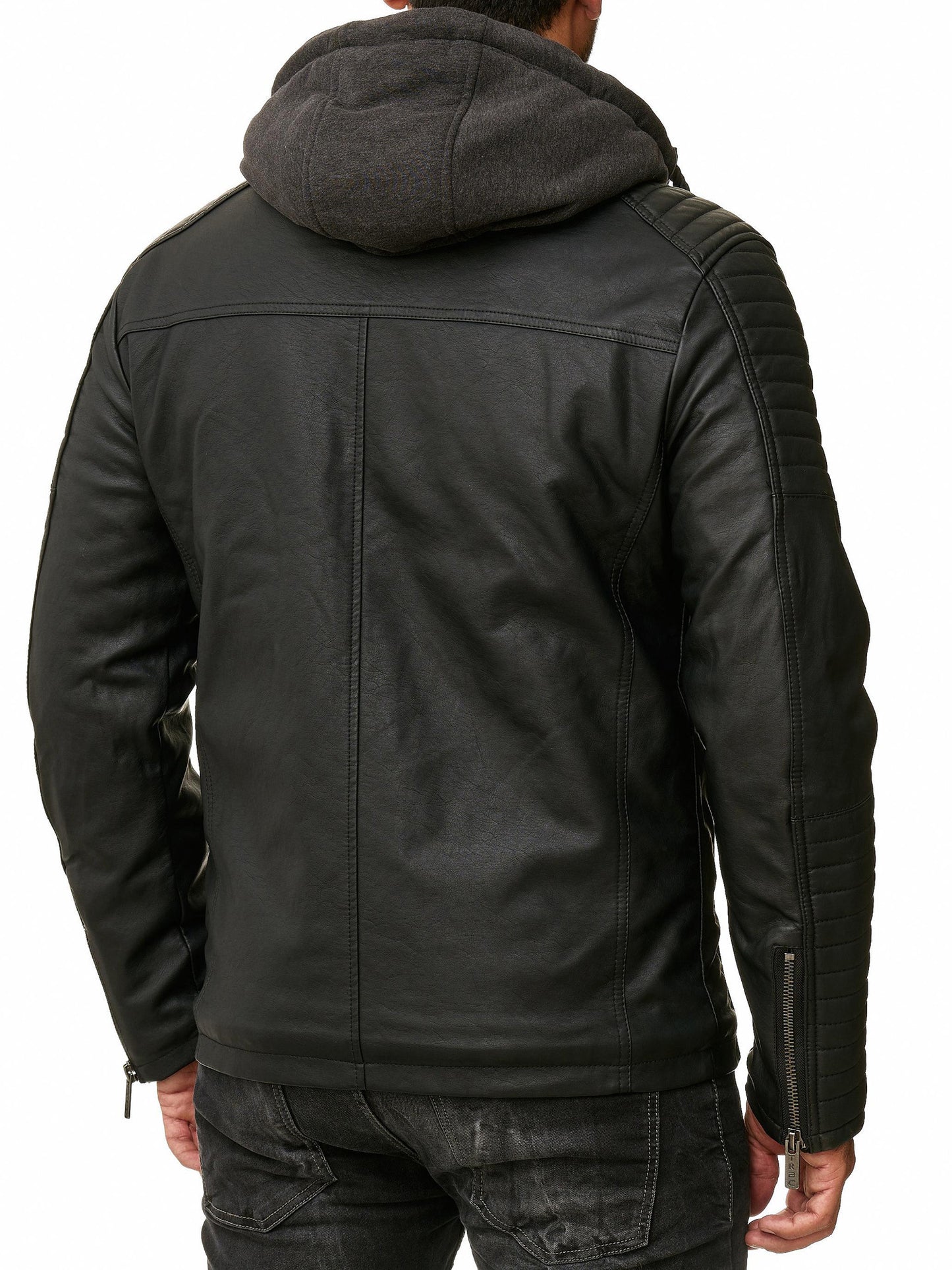 Eine Redbridge Herren Kunstleder Jacke in schwarz im Bikerlook mit integrierter Sweatjacke.