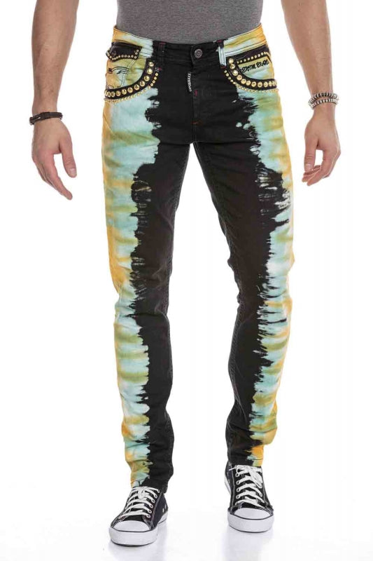 Cipo & Baxx Herren Jeans Hose mit goldener Nietenverzierung und ausgefallener Batik Waschung.