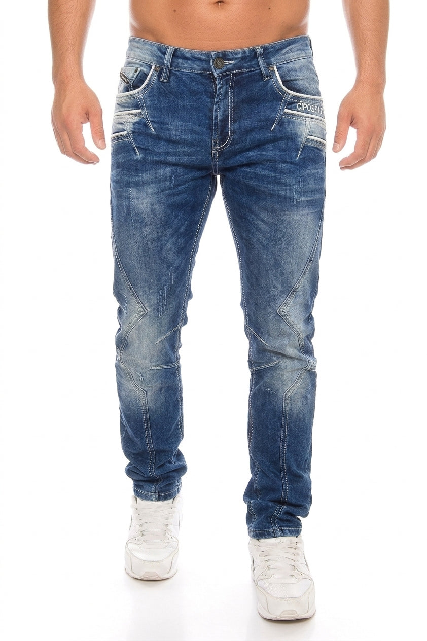 Blaue Cipo & Baxx Herren Regular Fit Jeans 698 mit ausgeprägten Kontrastnähten und moderner Waschung Frontansicht