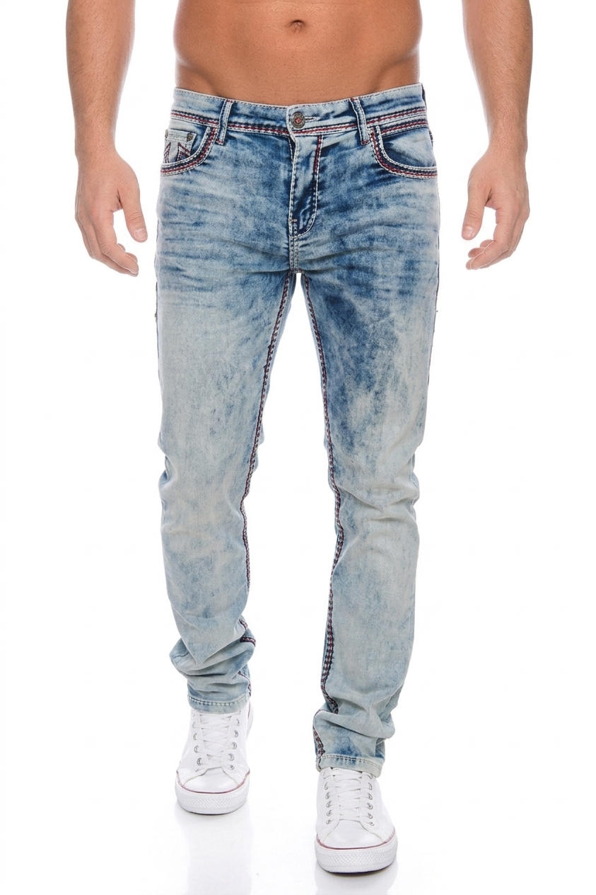 Cipo & Baxx Herren Jeans 892 Regular Slim Fit in Blau mit bunten Ziernähten und Nietverzierung auf der Vorderseite